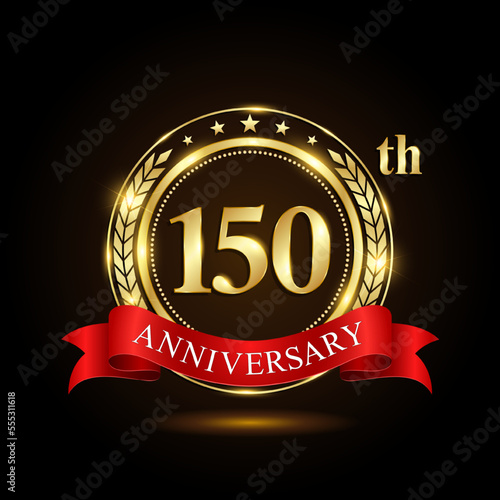 150th Anniversary. Golden Anniversary Emblem Design with shiny ring and red ribbon, Laurel wrath isolated on black background. Logo Vector Illustration