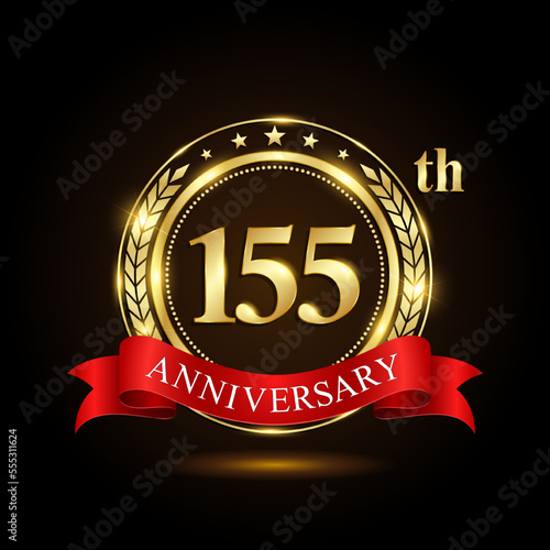 155th Anniversary. Golden Anniversary Emblem Design with shiny ring and red ribbon, Laurel wrath isolated on black background. Logo Vector Illustration