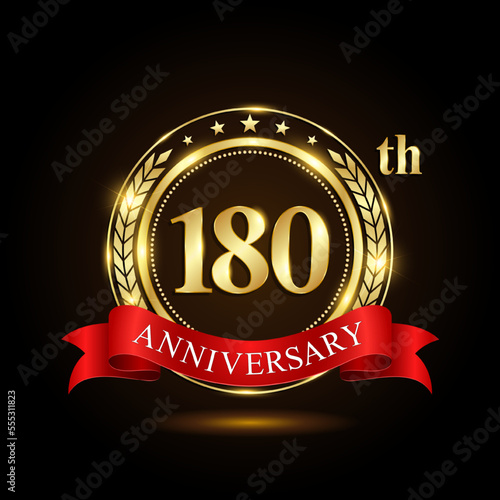 180th Anniversary. Golden Anniversary Emblem Design with shiny ring and red ribbon, Laurel wrath isolated on black background. Logo Vector Illustration
