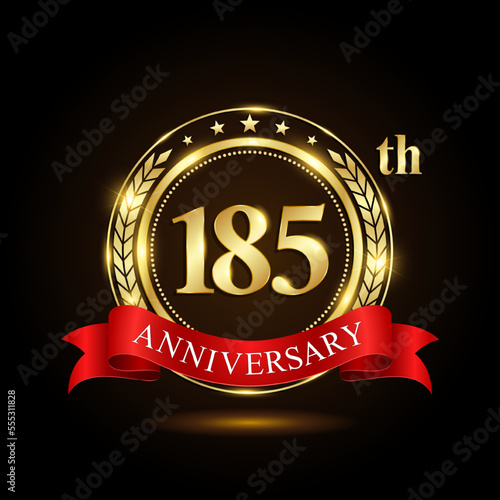 185th Anniversary. Golden Anniversary Emblem Design with shiny ring and red ribbon, Laurel wrath isolated on black background. Logo Vector Illustration