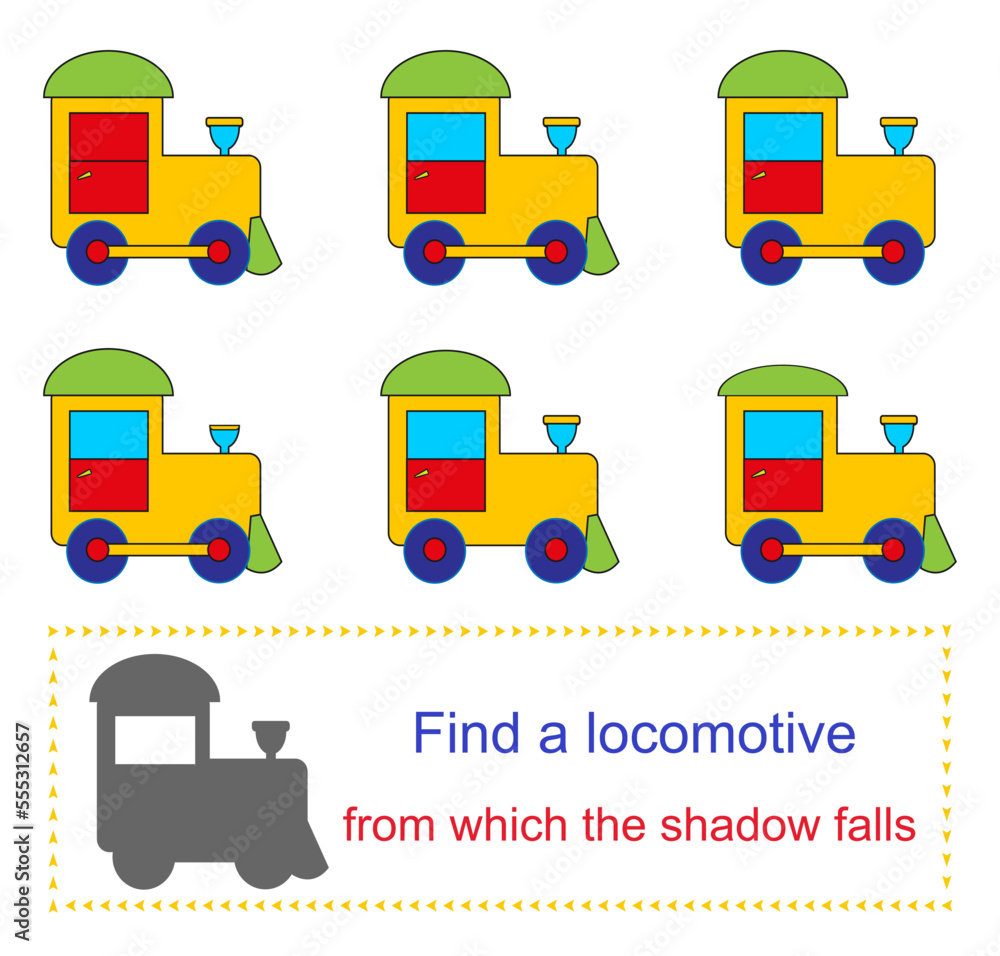 Educational game for kids. Task for attentiveness. Find a locomotive from which the shadow falls. Vector illustration. Flat design. Educational game for kids. Task for attentiveness. Find a locomotive from which the shadow falls. Vector illustration. Flat design.