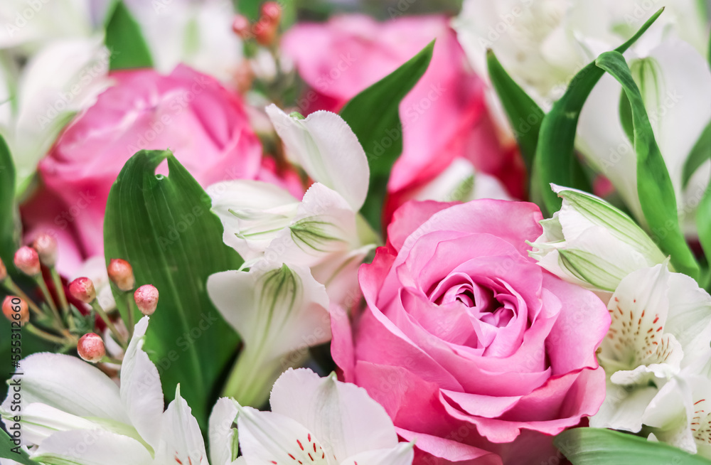 Pink rose in flower arrangement. Decoration roses and ornamental plants Pink rose in flower arrangement. Decoration roses and ornamental plants
