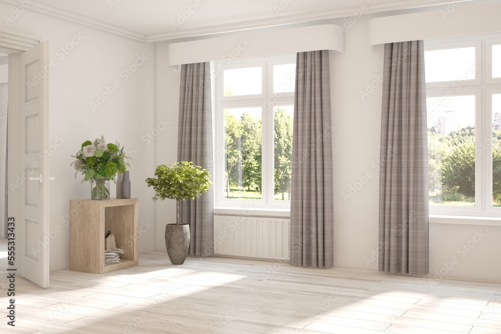 Fototapeta premium White empty room with summer landscape in window. Scandinavian interior design. 3D illustration