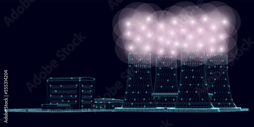 Nuclear power plant wireframe with glowing lights from blue lines isolated on dark background. Side view. 3D. Vector illustration.