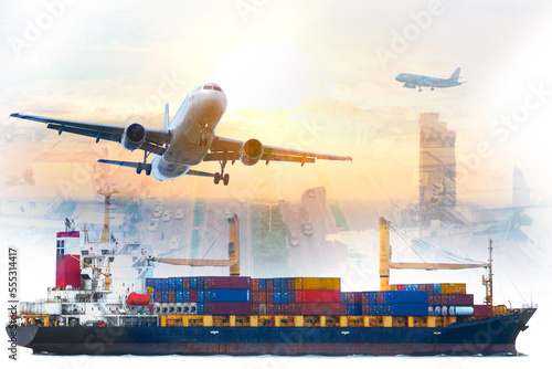 double exposure of transportation system Transportation of cargo planes and container ships and by truck Import and export industrial logistics business global business and transportation