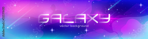 Abstract poster with galaxy background. Futuristic banner with universe, outer space with shiny stars, comets and stardust in blue and purple neon colors, vector cartoon illustration
