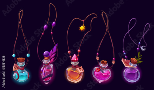 Magic pendants with elixirs and potions in bottles with ropes, corks and tags. Game icons of witches amulets, glass jars with liquid alchemy poisons and drinks, vector cartoon set