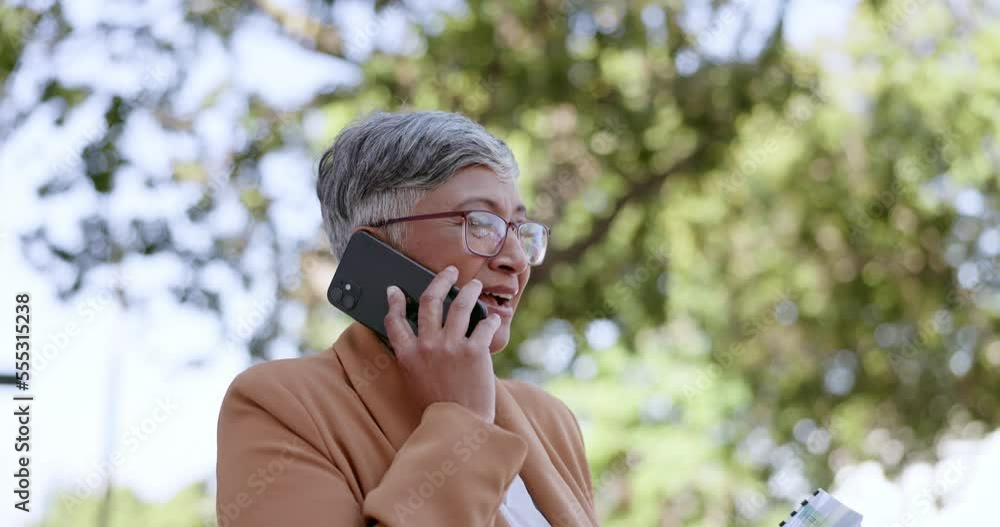 Senior woman, phone call and talking in city, speaking or chatting. Business deal, cellphone and female with 5g mobile smartphone outdoors in city networking, conversation or discussion with contact. Senior woman, phone call and talking in city, speaking or chatting. Business deal, cellphone and female with 5g mobile smartphone outdoors in city networking, conversation or discussion with contact.