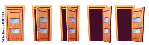Open and closed room or front door. Animation sprite sheet with wooden door with frame, glass, handle and lock isolated on white background, vector cartoon set