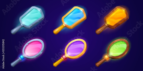 Magic hand mirrors with wooden, silver and gold frame. Fairytale vintage mirrors with colored reflection, metal, golden and wood border, vector cartoon illustration