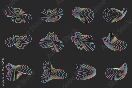 Abstract topography circles. Organic neon colored texture shapes. Vector outline holographic illustrations set.