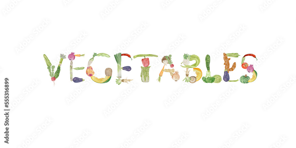 Watercolor background with lettering vegetables on white background, flat layout. Concept of healthy eating, food background. Frame of vegetables