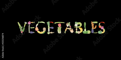 Watercolor background with lettering vegetables on black background, flat layout. Concept of healthy eating, food background. Frame of vegetables