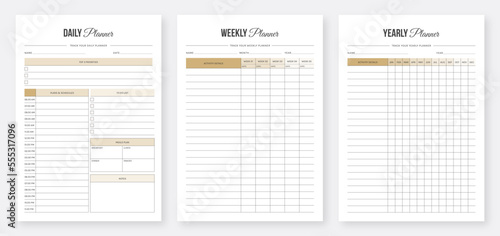 Daily, weekly, monthly, yearly planner template. 3 Set of minimalist planners. Printable Daily Weekly Monthly Planner Templates. Modern Planner Template. Set of Vector. Eps10 vector. Planner Bundle.