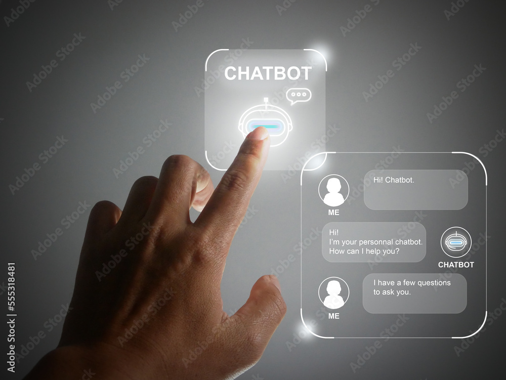 Finger using a digital chatbot computer program. Customer support service automation. AI artificial technology for chatterbot, conversational agents, robot application, conversation assistant Finger using a digital chatbot computer program. Customer support service automation. AI artificial technology for chatterbot, conversational agents, robot application, conversation assistant