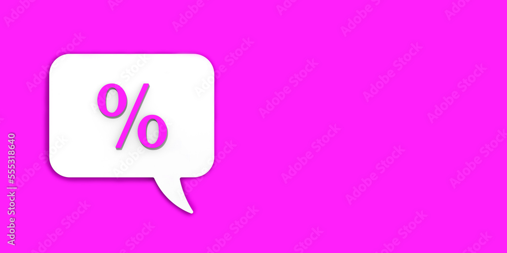 Pink percent sign on white message board. Interest withdrawal signal. Discount notifications. Message on a Pink background. Horizontal image. Banner for insertion into site. 3D image. 3D rendering. Pink percent sign on white message board. Interest withdrawal signal. Discount notifications. Message on a Pink background. Horizontal image. Banner for insertion into site. 3D image. 3D rendering.