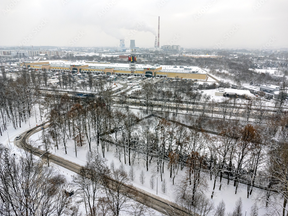 Aerial view. Winter cityscape. Trees, factory, chimneys, winter, forest, park, snow , frost, ice.