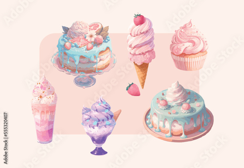 Sweets and chocolates and cupcakes and cakes and ice cream, delicious colorful isolated vector illustrations of food and sweets, bakery desserts