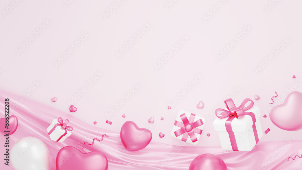 Valentine's day banner design of gift box and heart 3D render
