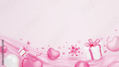 Valentine's day banner design of gift box and heart 3D render