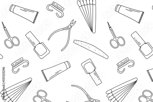 doodle pattern with manicure elements, background with doodle icons manicure accessories. poster, banner with black and white background