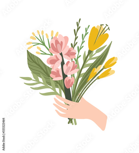 Isolated llustration bouquet of flowers in hand. Vector design concept for Valentines Day and other.