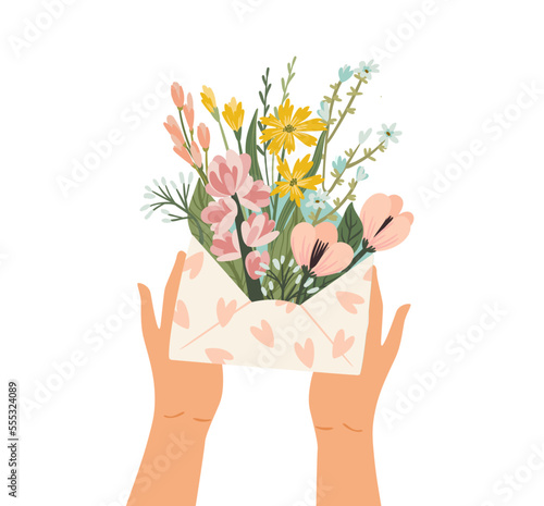 Isolated illustration of flowers in envelope. Vector design concept for Valentines Day and other.