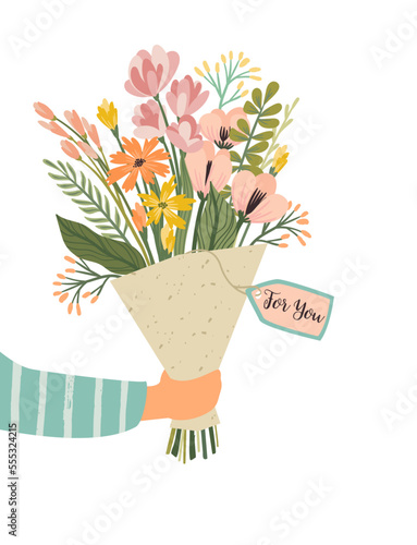 Isolated llustration bouquet of flowers in hand. Vector design concept for Valentines Day and other.