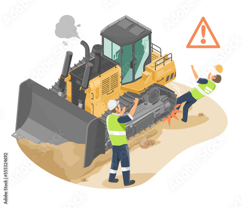 Machine Accident Worker Construction site Safety Occupational Health labor risks tractor excavato yellow Bulldozer quarry heavy machine work tractor excavato machinery isometric