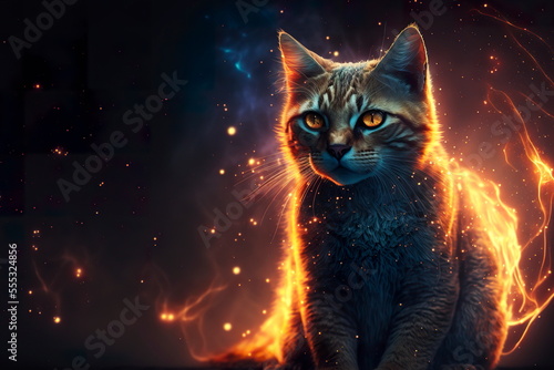 Сat in flames with glowing eyes against the background of the starry sky