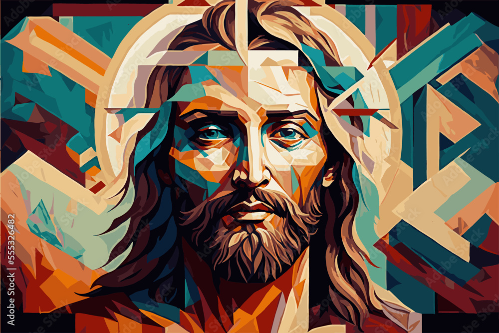 An exquisite, beautiful, colorful drawing of Jesus Christ. For interior design, books, notebooks, t-shirts, posters. - obrazy, fototapety, plakaty 