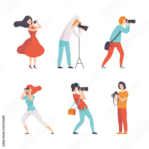 Set of photographers photographing. Female and male characters taking photo with camera flat vector illustratio