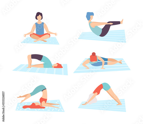 Set of people doing yoga. Men and women practicing meditation and stretching flat vector illustration