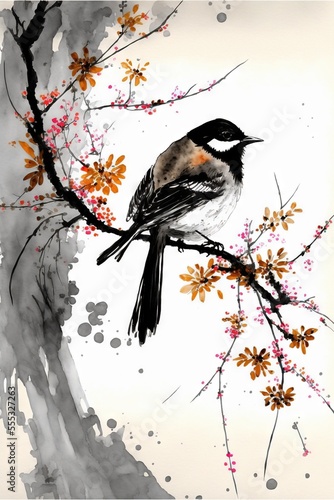 Obraz na plátně bird on sakura branch japanese painting sumi-e