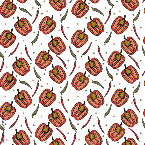 Vector Panasian food seamless pattern. Hand drawn sketch with asian food such as noodles, shrimps, gingers, dumplings, spicy soup.