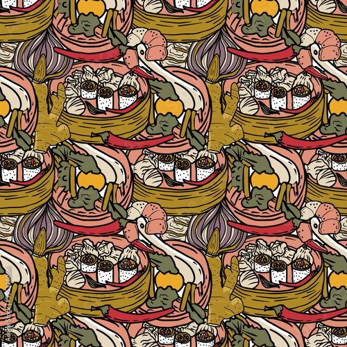 Vector Panasian food seamless pattern. Hand drawn sketch with asian food such as noodles, shrimps, gingers, dumplings, spicy soup.