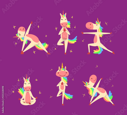 Funny Unicorn Character with Rainbow Mane and Tail Practicing Yoga Exercises Vector Set