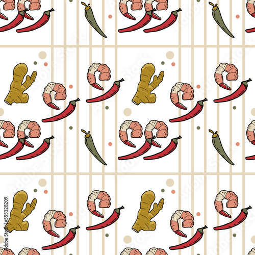Vector Panasian food seamless pattern. Hand drawn sketch with asian food such as noodles, shrimps, gingers, dumplings, spicy soup.