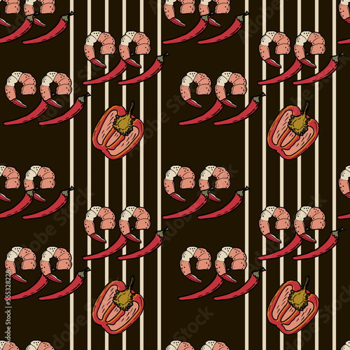 Vector Panasian food seamless pattern. Hand drawn sketch with asian food such as noodles, shrimps, gingers, dumplings, spicy soup.