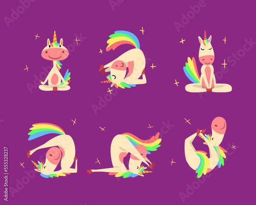Funny Unicorn Character with Rainbow Mane and Tail Practicing Yoga Exercises Vector Set