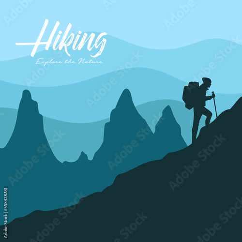 Man with a backpack, traveler, or explorer hiking on the mountain. Mountains and nature landscape. Traveling or exploring tourism concepts vector illustration.