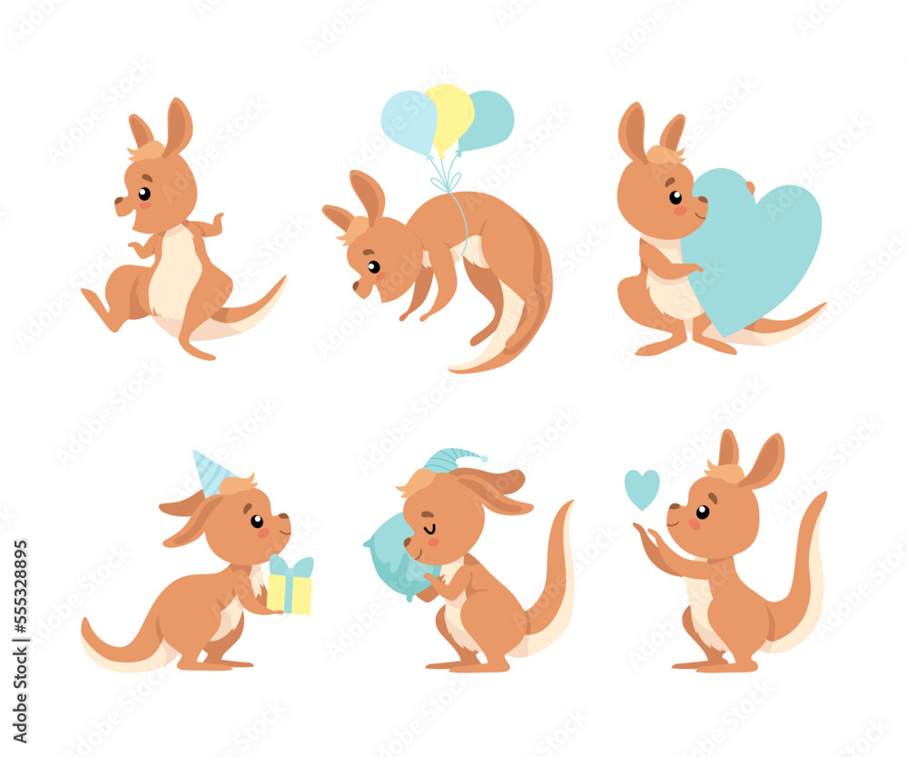 Cute Baby Kangaroo with Blue Heart and Soft Pillow Vector Set Cute Baby Kangaroo with Blue Heart and Soft Pillow Vector Set