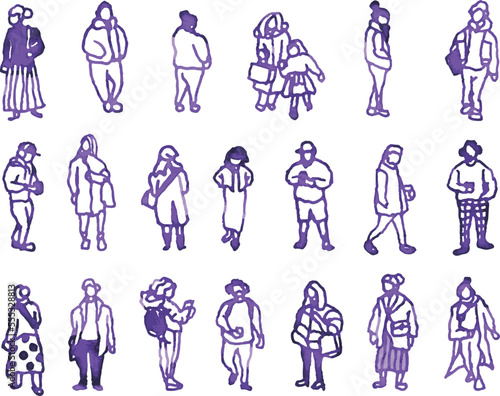 街の人々、大勢のセット。手描きのベクターデータ。