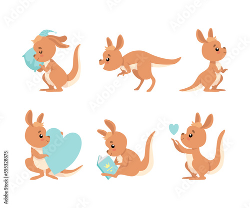 Cute Baby Kangaroo with Blue Heart and Soft Pillow Vector Set