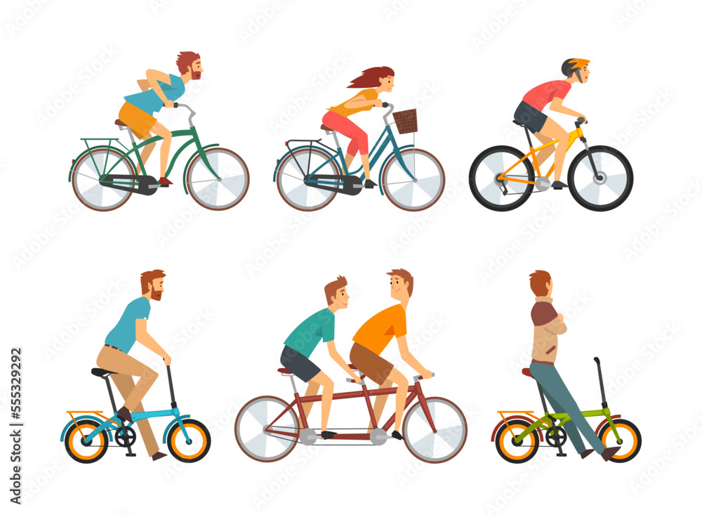 Young Man and Woman Riding Bicycle Enjoying Vacation or Weekend Activity Vector Set Young Man and Woman Riding Bicycle Enjoying Vacation or Weekend Activity Vector Set