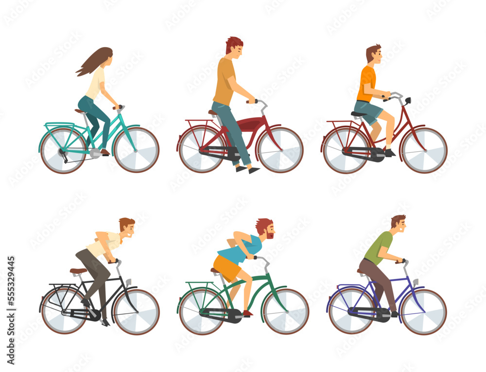 Young Man and Woman Riding Bicycle Enjoying Vacation or Weekend Activity Vector Set Young Man and Woman Riding Bicycle Enjoying Vacation or Weekend Activity Vector Set