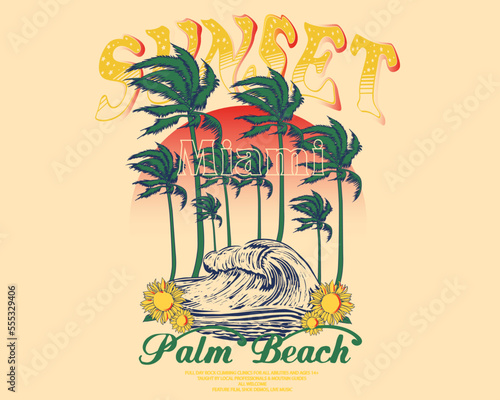 summer beach t shirt, palm beach with Miami sunset, Tropical sunset. Surf and beach. Vintage beach print. Tee graphic design