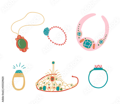 Jewellery or Jewelry Item as Personal Adornment with Necklace, Diadem and Ring Vector Set