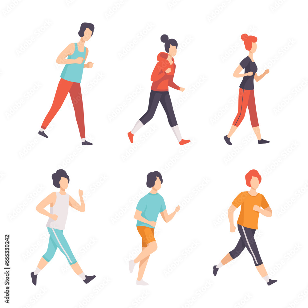 People Running and Jogging Doing Sport and Physical Exercise Training Body and Muscle Vector Set People Running and Jogging Doing Sport and Physical Exercise Training Body and Muscle Vector Set
