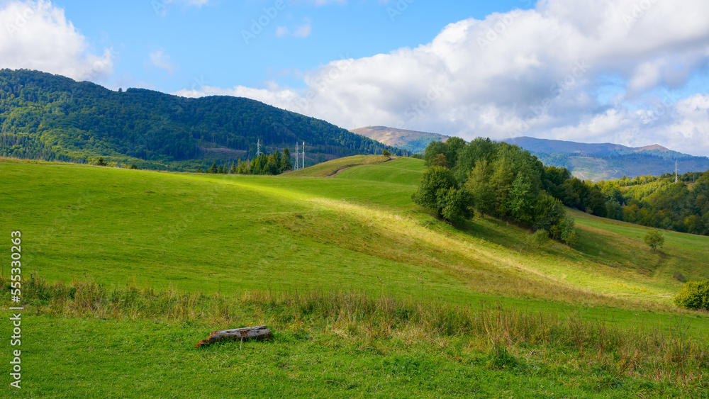 countryside landscape in mountains. trees on the grassy rolling hills. sunny autumn weather. borzhava ridge in the distance. transcarpathia region, ukraine